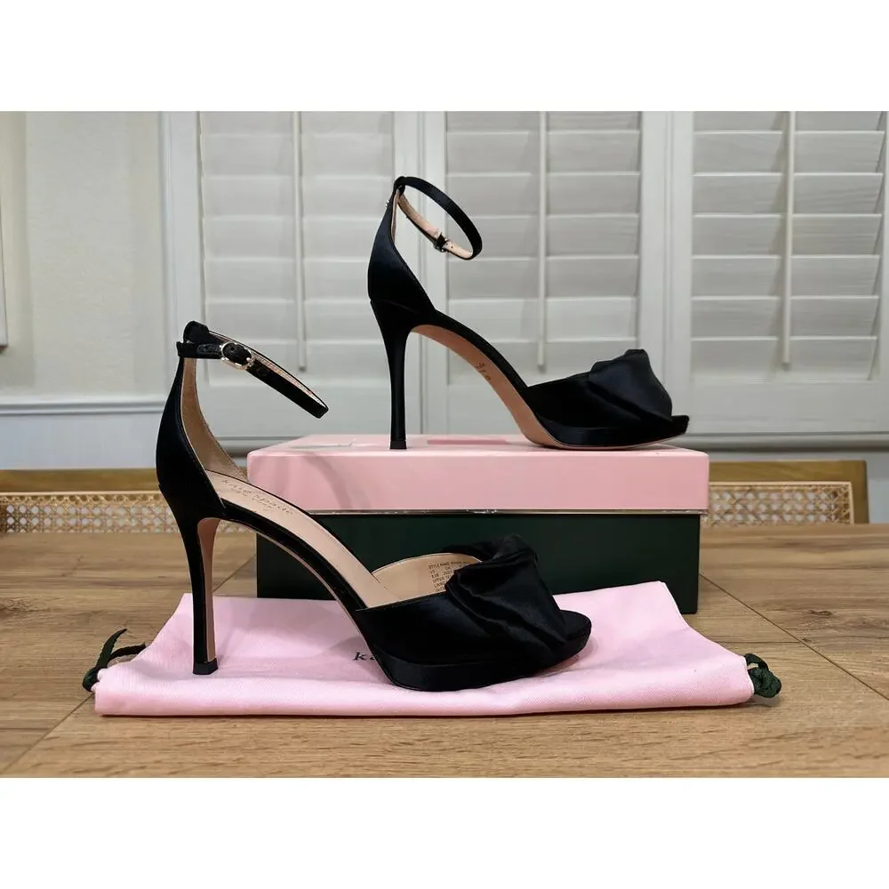 Kate Spade Bridal Bow Ankle Strap Sandals Heels Black Satin Size 8.5 NIB Wedding